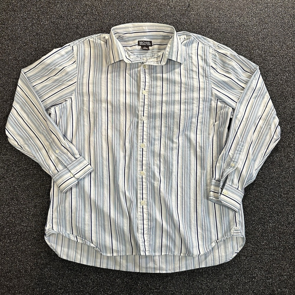 Michael Michael Kors Mens XL Blue White Striped Cotton Button Down Shirt Long Sl